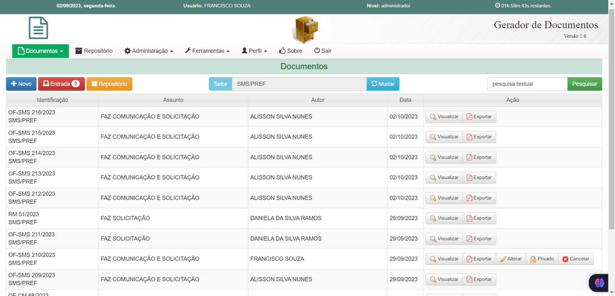 Sistema de Documentos Sec. Municipal de Saúde